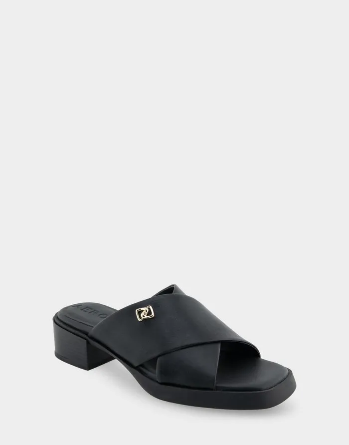 Aerosoles Comfortable Women039s Crisscross Slip On Low Block Heel Sandal In Black Faux Leather Black Faux Leather Women Wide Width Sandals