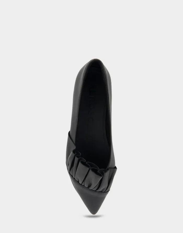 Aerosoles Comfortable Women039s Ruffled Point Toe Flat In Black Genuine Leather Black Genuine Leather Women Ballet