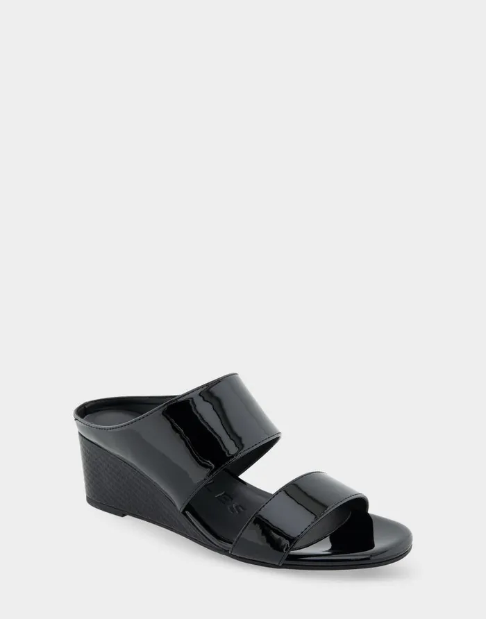 Aerosoles Comfortable Women039s Two Band Mid Wedge Slide Sandal In Black Patent Faux Leather Black Patent Faux Leather Women Dress