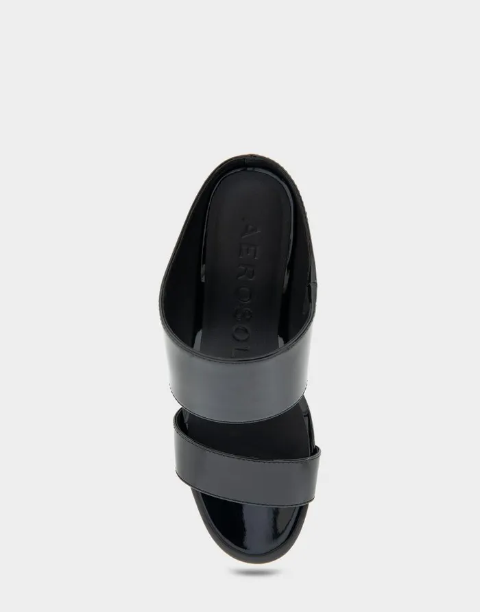 Aerosoles Comfortable Women039s Two Band Mid Wedge Slide Sandal In Black Patent Faux Leather Black Patent Faux Leather Women Dress