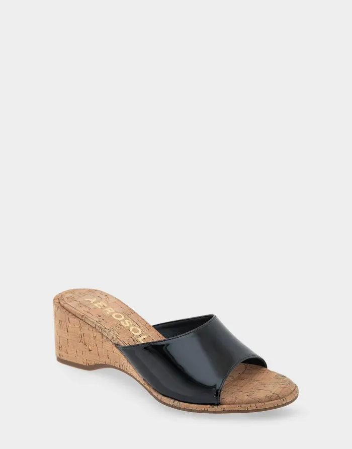 Aerosoles Comfortable Women039s Wedge Slide Sandal In Black Patent Faux Leather Black Patent Faux Leather Women Wedges