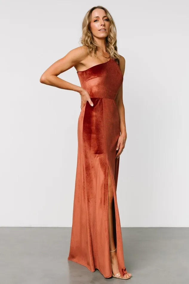 Baltic Born Maxi Dresses Women Tatiana Velvet One Shoulder Maxi Dress Cinnamon Baltic Born Maxi Dresses Women Tatiana Velvet One Shoulder Maxi Dress Cinnamon