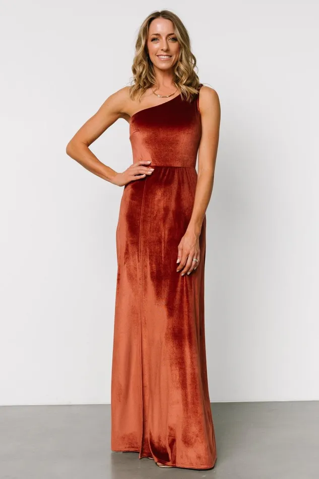 Baltic Born Maxi Dresses Women Tatiana Velvet One Shoulder Maxi Dress Cinnamon Baltic Born Maxi Dresses Women Tatiana Velvet One Shoulder Maxi Dress Cinnamon