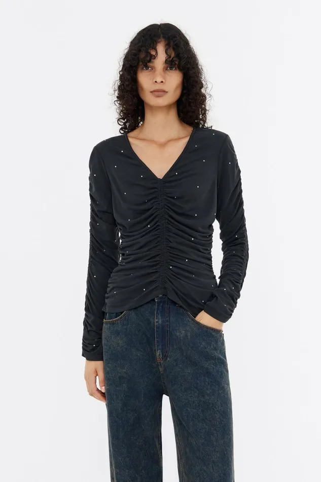 Black Ruched Rhinestone Tshirt Washed Black Women Bimba Y Lola TShirts