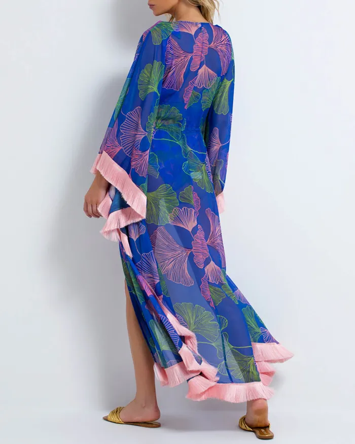 CoverUps Women PatBO Ocean Leaf Fringe Trim Caftan FINAL SALE