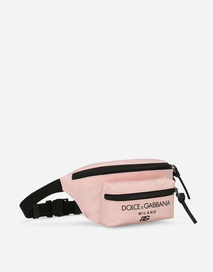 Dolce and Gabbana Accessories Children Nylon Belt Bag With Logo Print Pink Dolce and Gabbana Accessories Children Nylon Belt Bag With Logo Print Pink