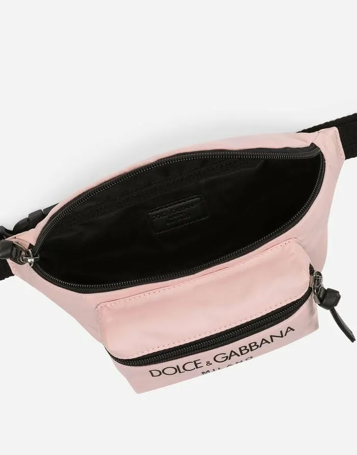 Dolce and Gabbana Accessories Children Nylon Belt Bag With Logo Print Pink Dolce and Gabbana Accessories Children Nylon Belt Bag With Logo Print Pink