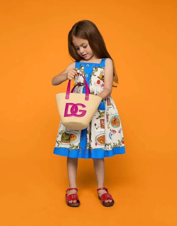 Dolce and Gabbana Accessories Children Raffia Handbag With DG Logo Patch Purple