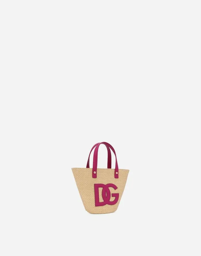 Dolce and Gabbana Accessories Children Raffia Handbag With DG Logo Patch Purple
