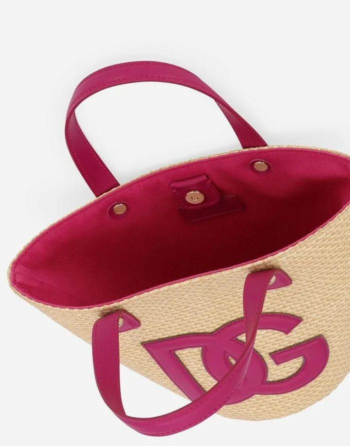 Dolce and Gabbana Accessories Children Raffia Handbag With DG Logo Patch Purple