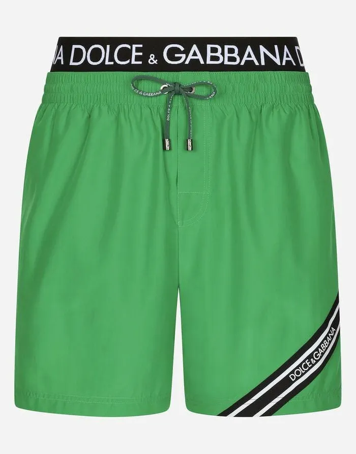 Dolce and Gabbana Beachwear Men Midlength Swim Trunks With Branded Band Green Dolce and Gabbana Beachwear Men Midlength Swim Trunks With Branded Band Green