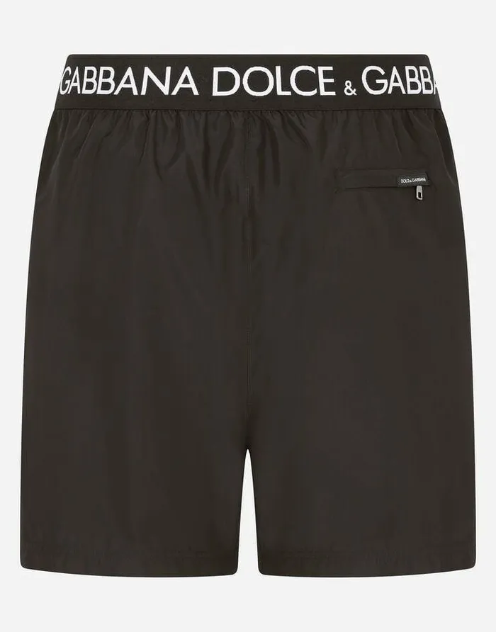 Dolce and Gabbana Beachwear Men Midlength Swim Trunks With Branded Stretch Waistband Black Dolce and Gabbana Beachwear Men Midlength Swim Trunks With Branded Stretch Waistband Black