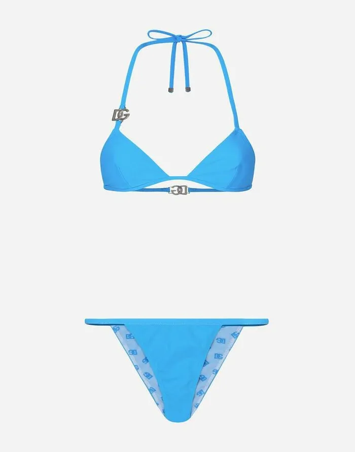 Dolce and Gabbana Beachwear Women Triangle Bikini With DG Logo Turquoise