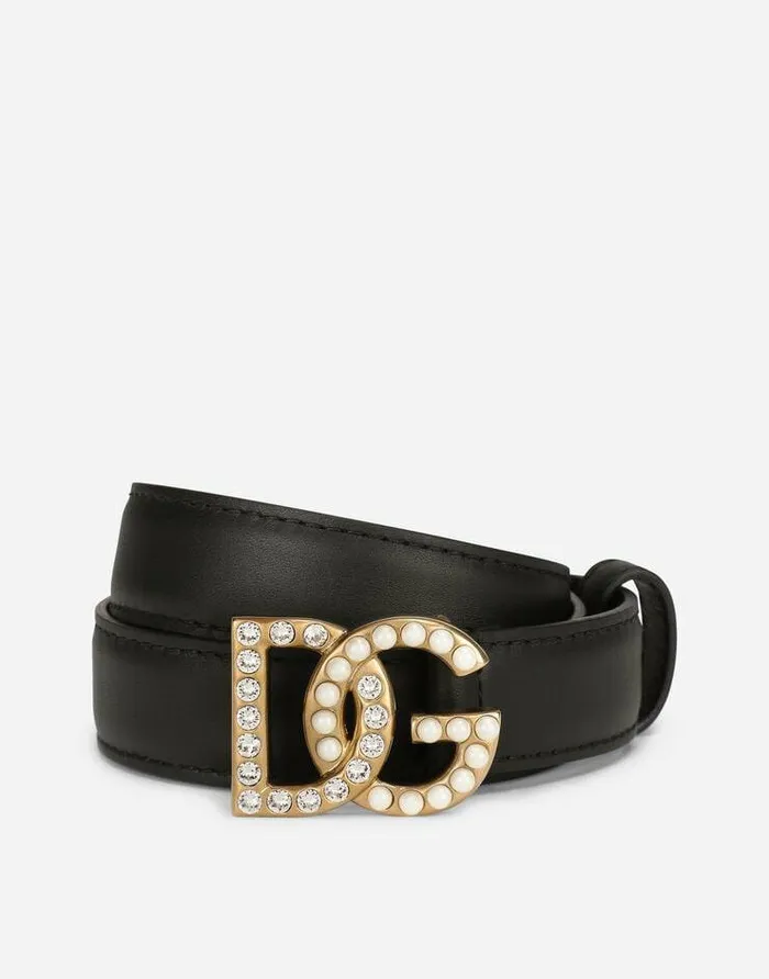 Dolce and Gabbana Belts Women Calfskin Belt With DG Logo With Rhinestones And Pearls Multicolor