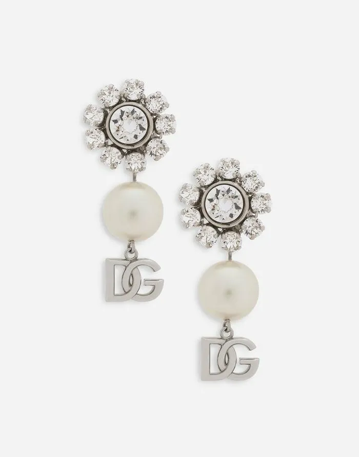 Dolce and Gabbana Bijoux Women Earrings With Rhinestones Pearls And DG Logo Silver Dolce and Gabbana Bijoux Women Earrings With Rhinestones Pearls And DG Logo Silver