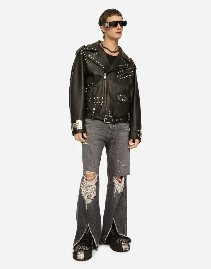 Dolce and Gabbana Coats And Jackets Men Bullskin Jacket With Studs Multicolor