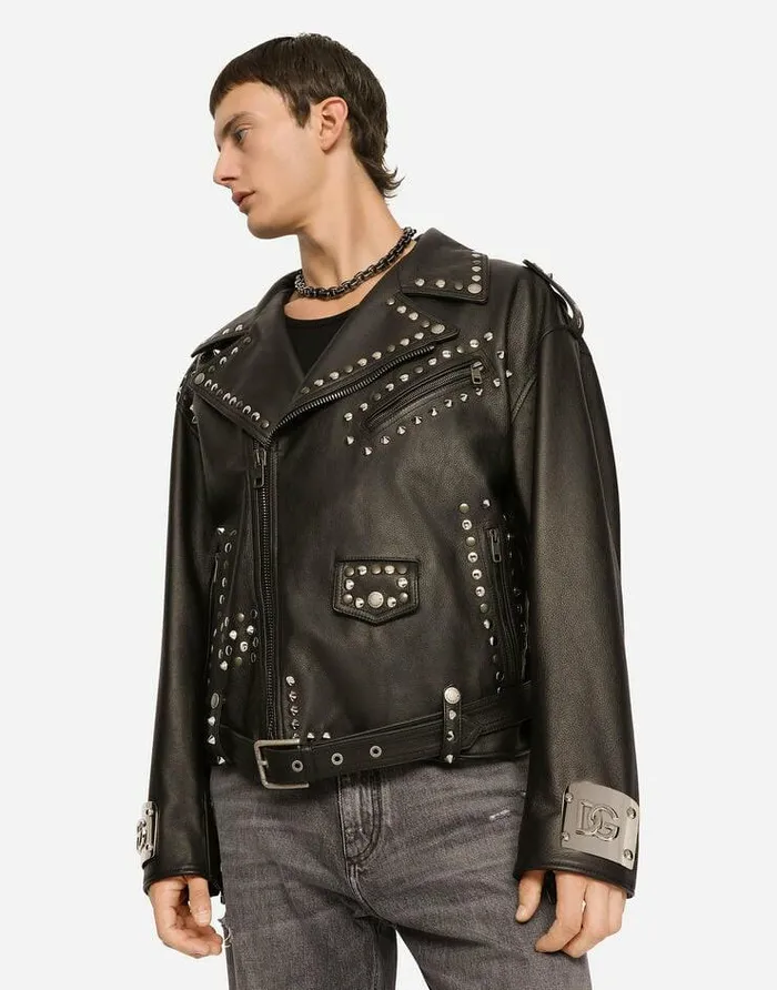 Dolce and Gabbana Coats And Jackets Men Bullskin Jacket With Studs Multicolor