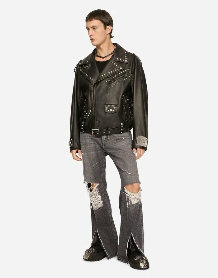 Dolce and Gabbana Coats And Jackets Men Bullskin Jacket With Studs Multicolor