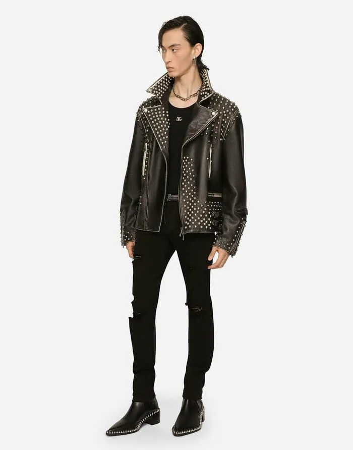 Dolce and Gabbana Coats And Jackets Men Bullskin Jacket With Studs Multicolor