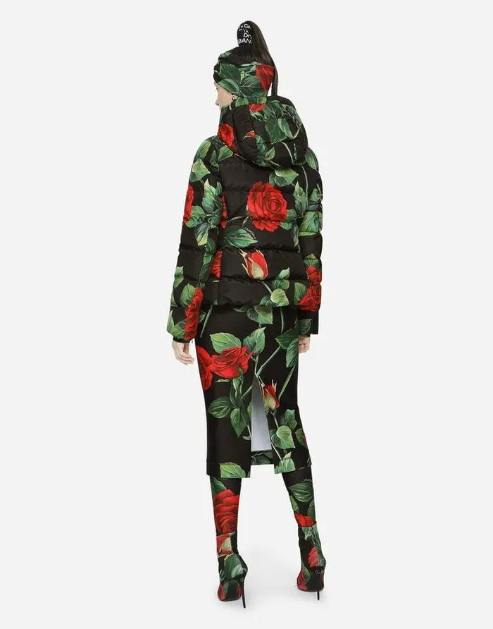 Dolce and Gabbana Coats And Jackets Women Nylon Down Jacket With Red Rose Print Multicolor Dolce and Gabbana Coats And Jackets Women Nylon Down Jacket With Red Rose Print Multicolor