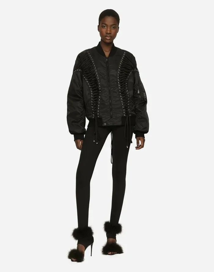 Dolce and Gabbana Coats And Jackets Women Technical Fabric Bomber Jacket With Laces And Eyelets Black Dolce and Gabbana Coats And Jackets Women Technical Fabric Bomber Jacket With Laces And Eyelets Black