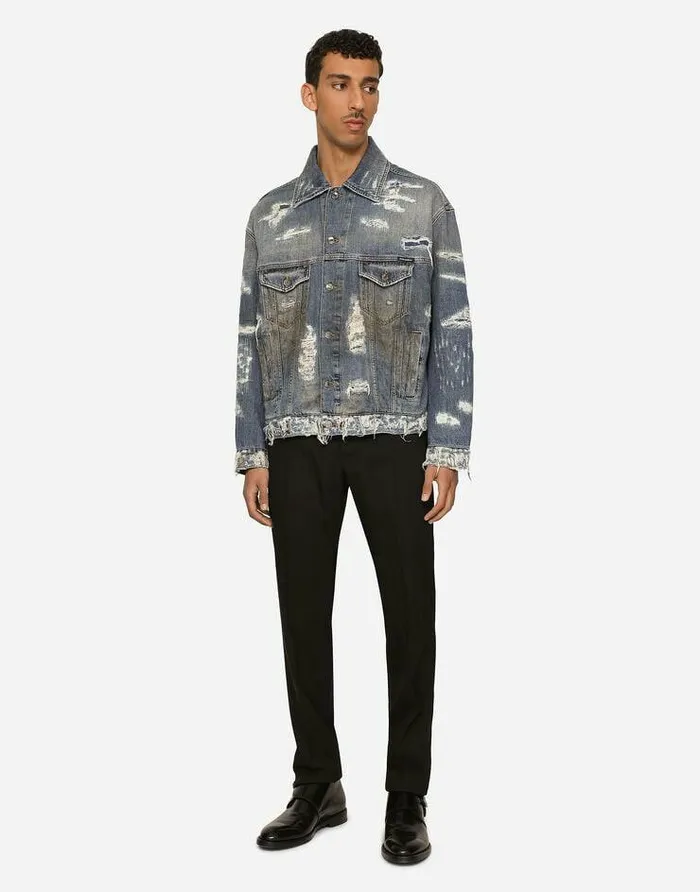 Dolce and Gabbana Denim Men Blue Wash Denim Jacket With Rips Multicolor