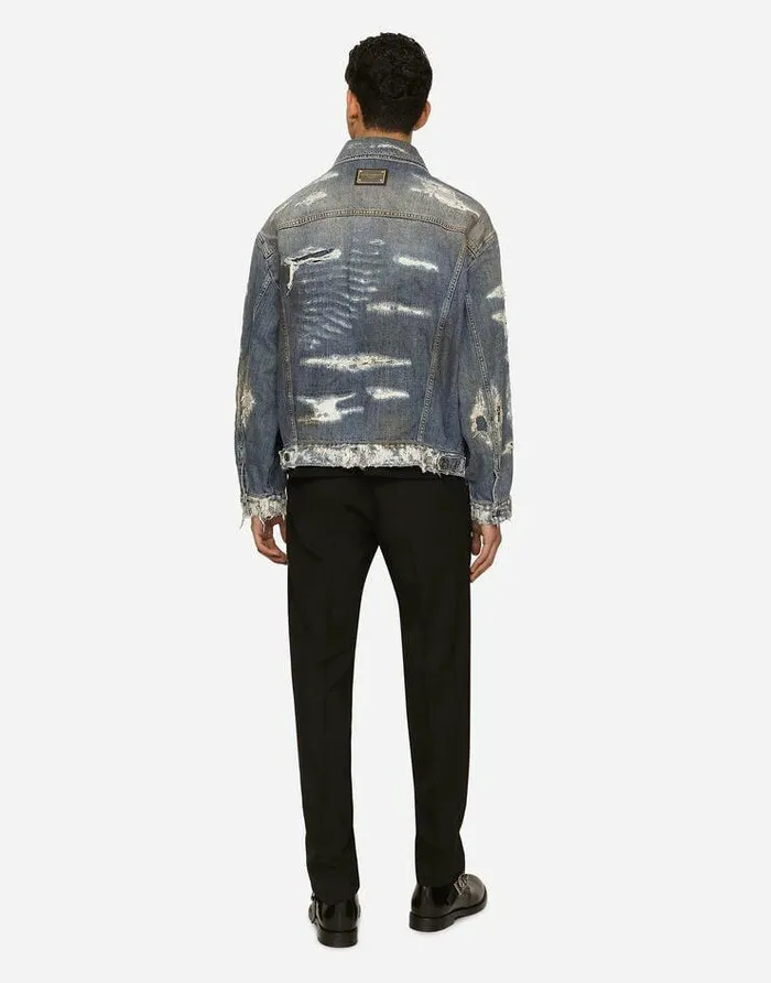 Dolce and Gabbana Denim Men Blue Wash Denim Jacket With Rips Multicolor
