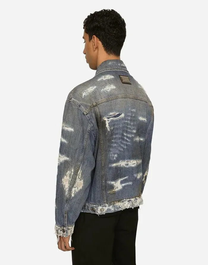 Dolce and Gabbana Denim Men Blue Wash Denim Jacket With Rips Multicolor