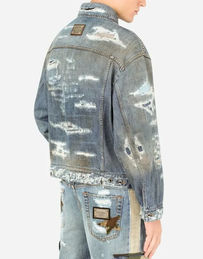 Dolce and Gabbana Denim Men Blue Wash Denim Jacket With Rips Multicolor