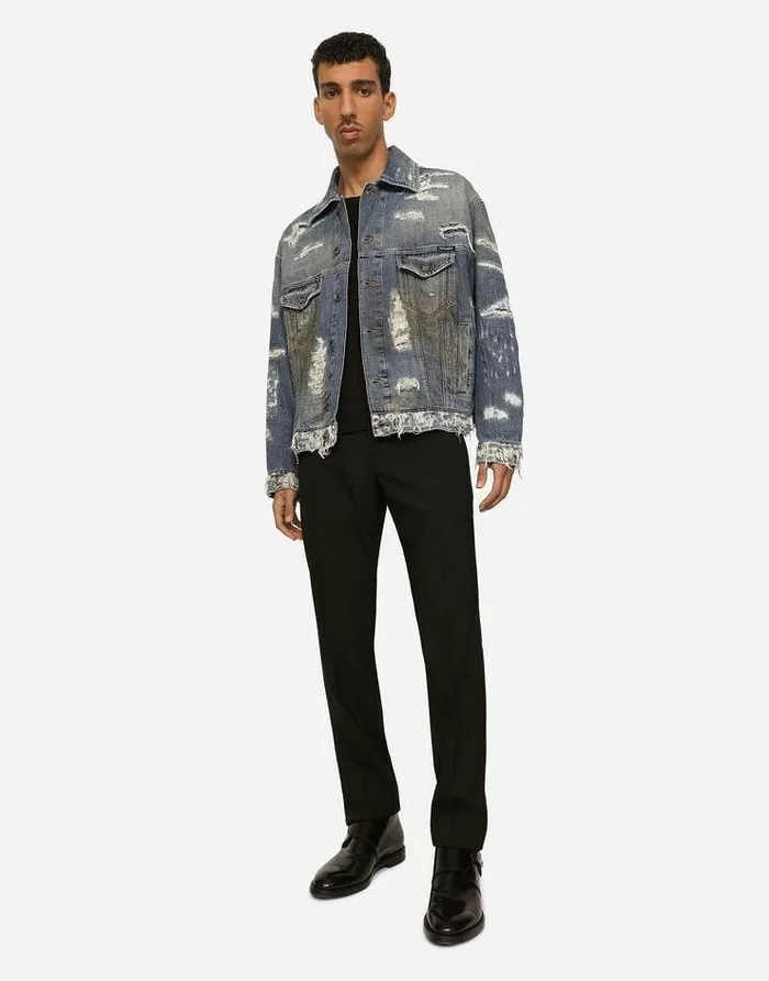 Dolce and Gabbana Denim Men Blue Wash Denim Jacket With Rips Multicolor