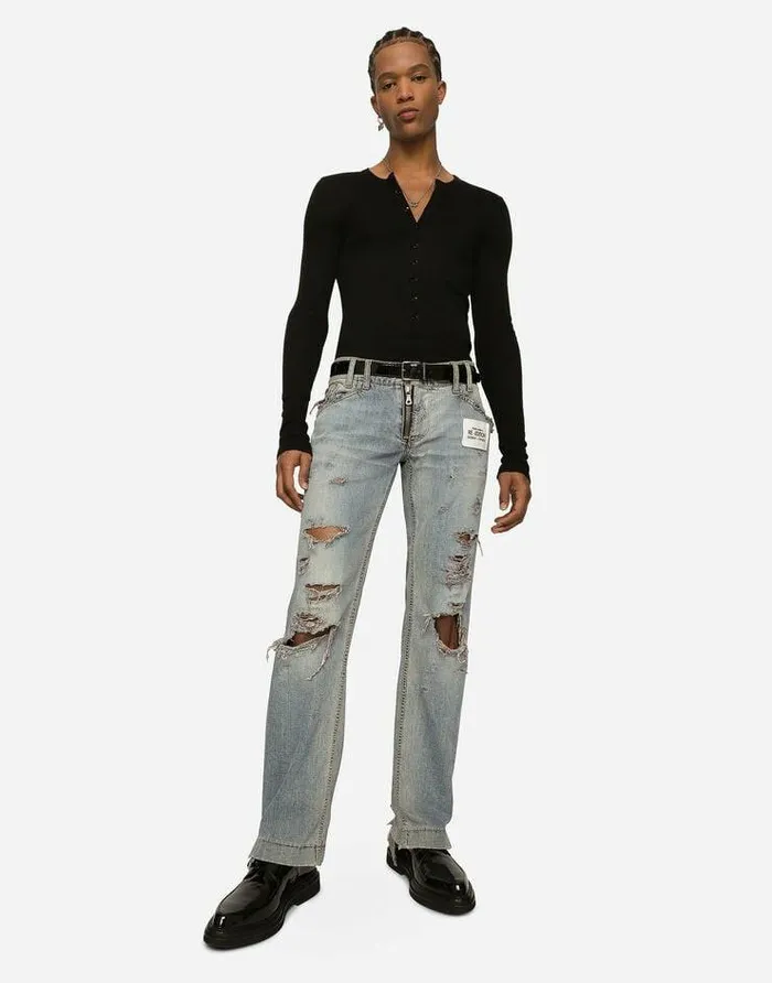 Dolce and Gabbana Denim Men Washed Denim Jeans With Rips Multicolor Dolce and Gabbana Denim Men Washed Denim Jeans With Rips Multicolor
