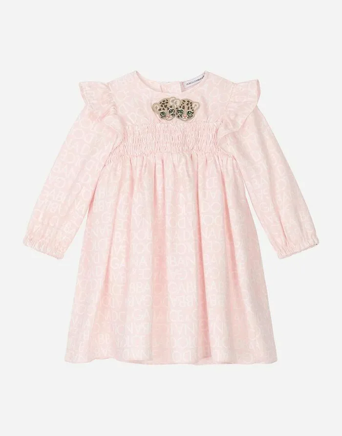 Dolce and Gabbana Dresses Children Longsleeved Viyella Dress With Allover Logoprint Pink