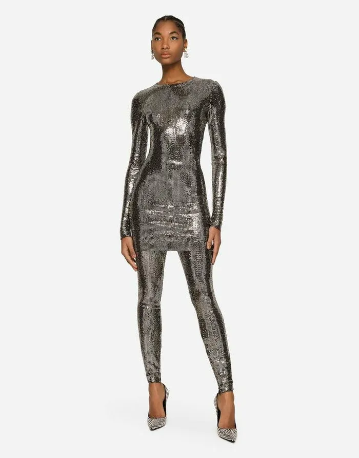 Dolce and Gabbana Dresses Women Short Jersey Dress With Sequin Embellishment Silver Dolce and Gabbana Dresses Women Short Jersey Dress With Sequin Embellishment Silver