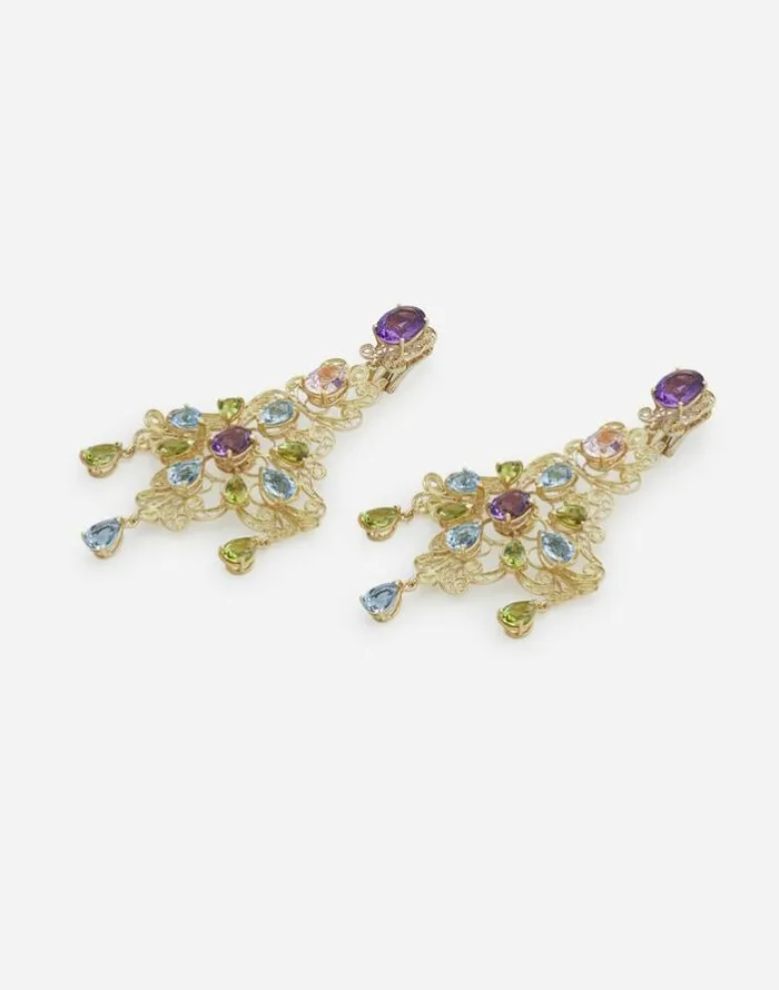 Dolce and Gabbana Earrings Women Pizzo Earrings In Yellow Gold Filigree With Amethysts Aquamarines Peridots And Morganites Gold Dolce and Gabbana Earrings Women Pizzo Earrings In Yellow Gold Filigree With Amethysts Aquamarines Peridots And Morganites Gold
