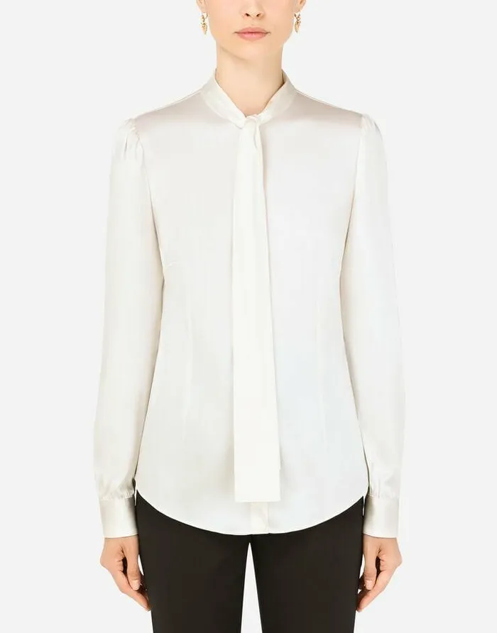 Dolce and Gabbana Shirts And Tops Women Satin Shirt With Pearl Buttons With DG Logo White Dolce and Gabbana Shirts And Tops Women Satin Shirt With Pearl Buttons With DG Logo White