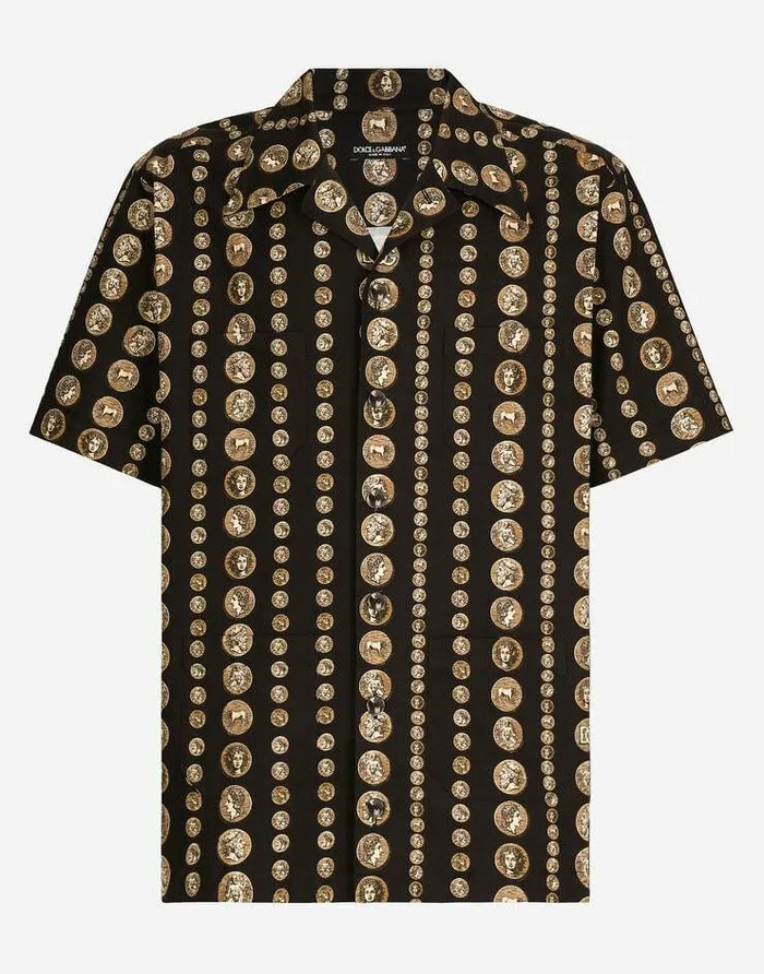 Dolce and Gabbana Shirts Men Coin Print Stretch Drill Hawaiian Shirt Black