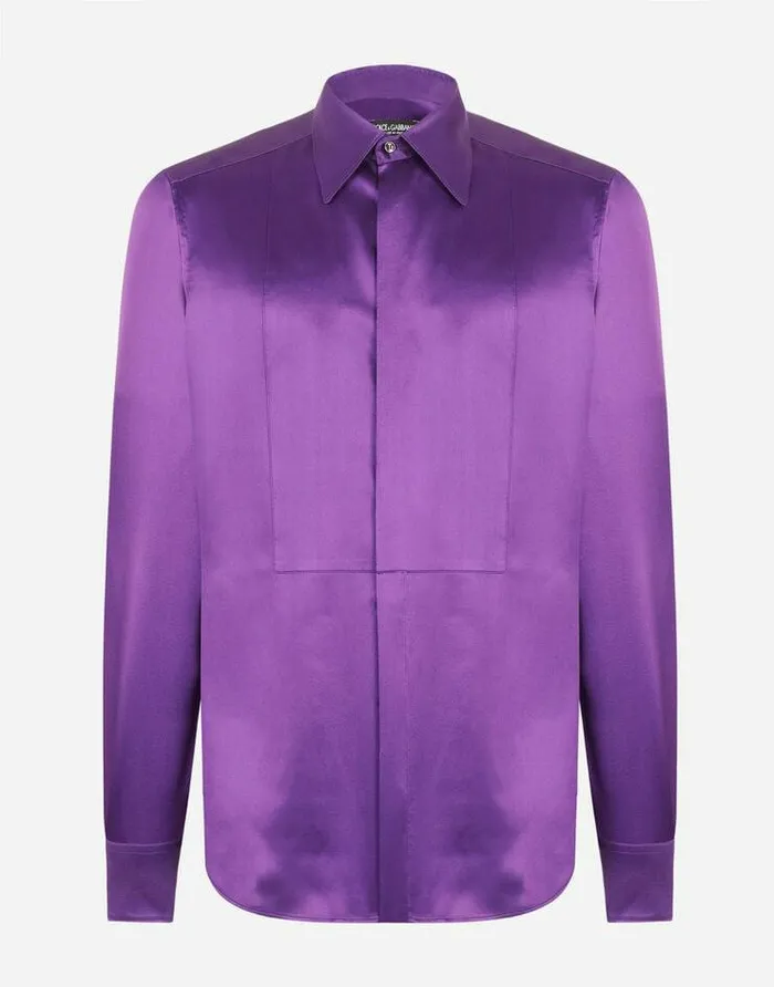 Dolce and Gabbana Shirts Men Silk Satin Martinifit Tuxedo Shirt Purple