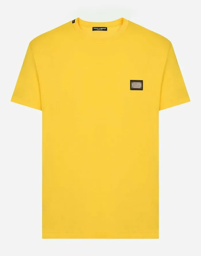Dolce and Gabbana TShirts And Polos Men Cotton Tshirt With Branded Tag Yellow Dolce and Gabbana TShirts And Polos Men Cotton Tshirt With Branded Tag Yellow