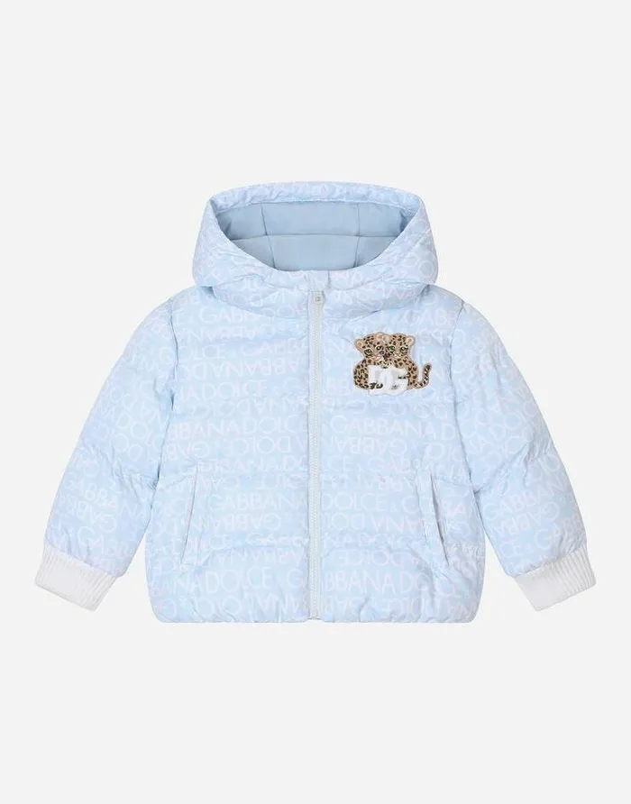 Dolce and Gabbana Topwear Children Short Down Jacket With Allover Logo Detailing And Patch Azure Dolce and Gabbana Topwear Children Short Down Jacket With Allover Logo Detailing And Patch Azure