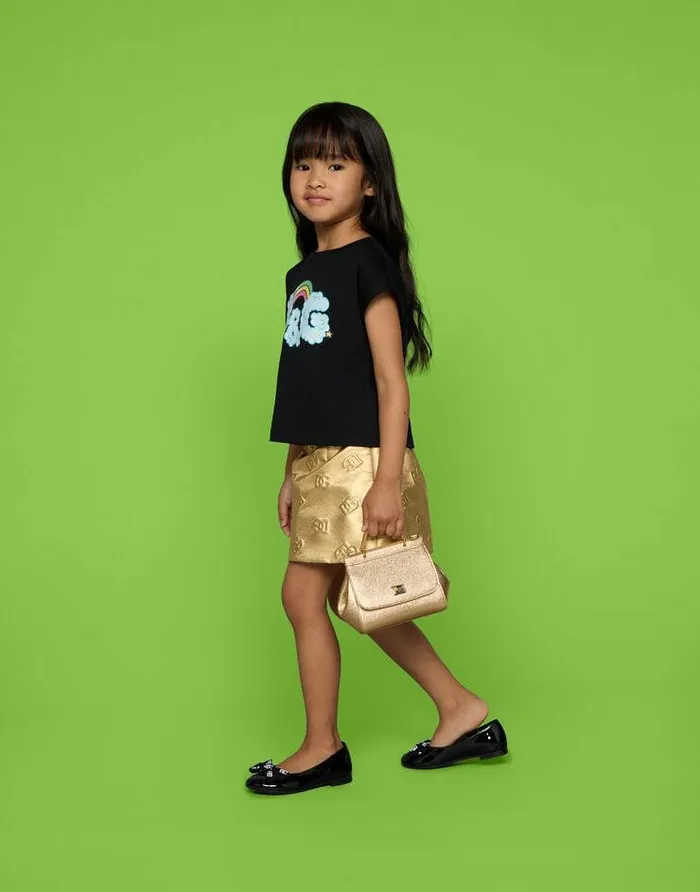 Dolce and Gabbana Trousers And Skirts Children Short Foiled Jacquard Skirt With DG Logo Gold Dolce and Gabbana Trousers And Skirts Children Short Foiled Jacquard Skirt With DG Logo Gold