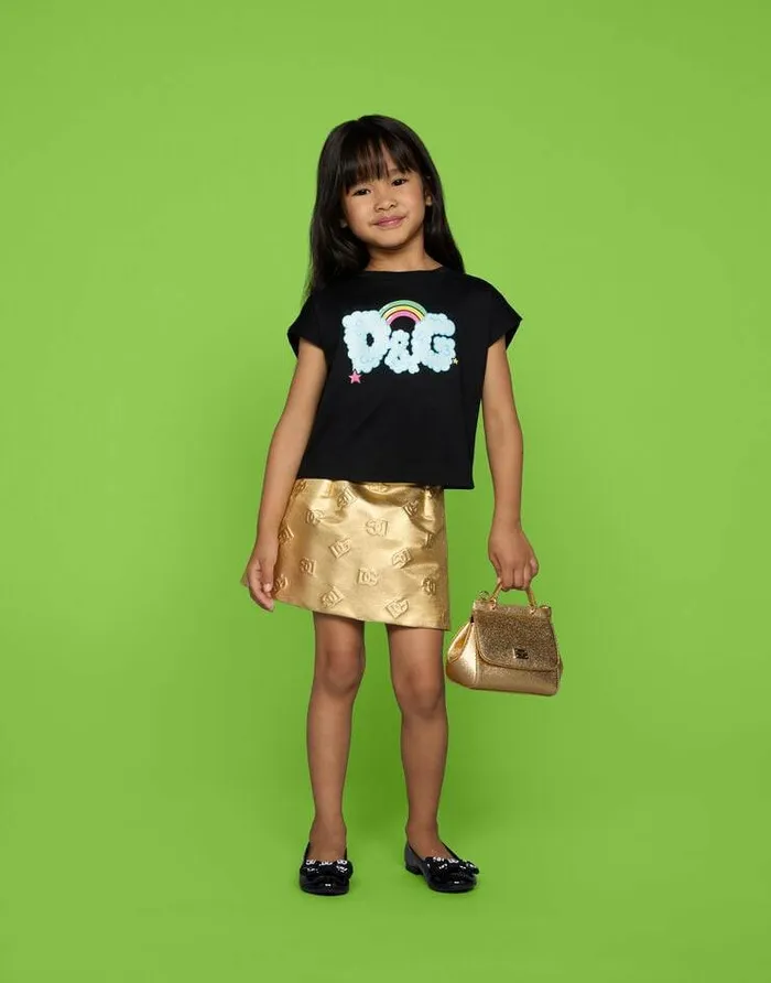Dolce and Gabbana Trousers And Skirts Children Short Foiled Jacquard Skirt With DG Logo Gold Dolce and Gabbana Trousers And Skirts Children Short Foiled Jacquard Skirt With DG Logo Gold