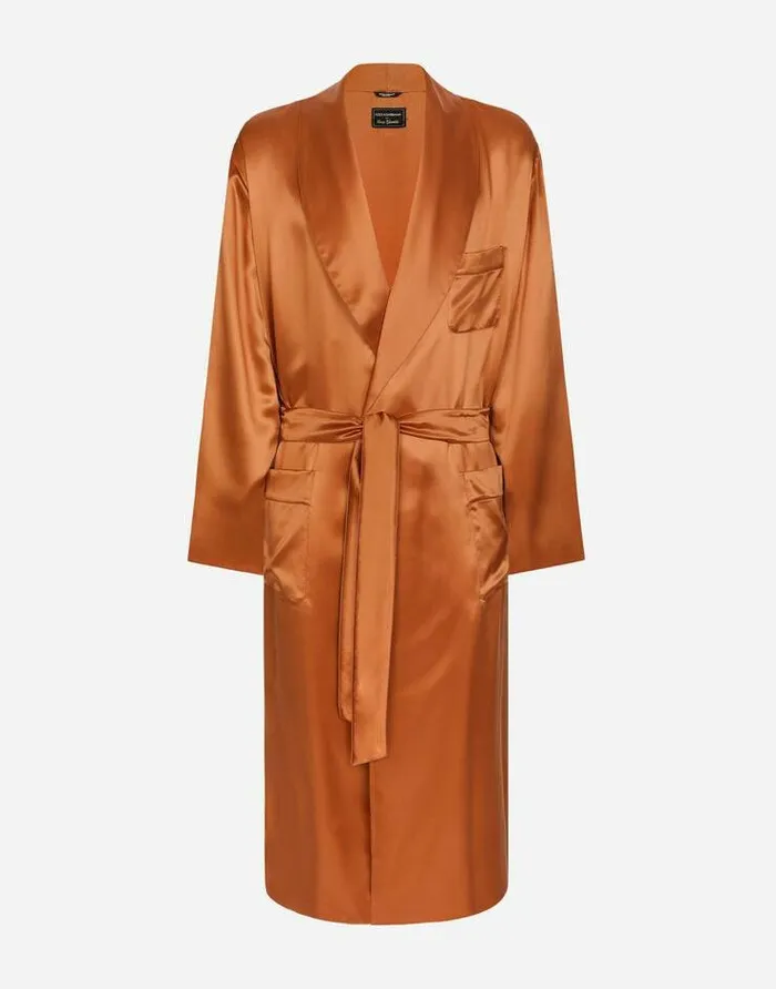 Dolce and Gabbana Underwear And Loungewear Men Silk Satin Robe With Metal DG Logo Beige Dolce and Gabbana Underwear And Loungewear Men Silk Satin Robe With Metal DG Logo Beige