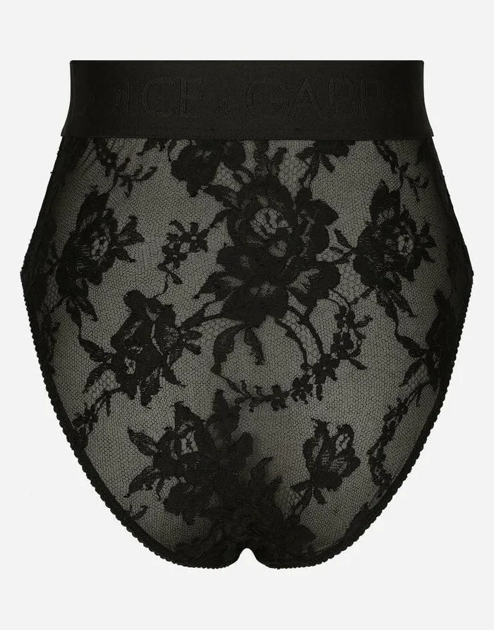 Dolce and Gabbana Underwear Women Highwaisted Lace Briefs With Branded Elastic Black