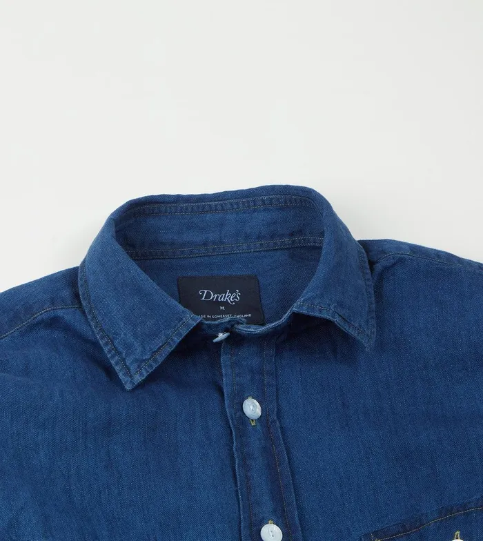 Drake039s Blue Cotton Linen TwoPocket Work Shirt 8211 Shirts