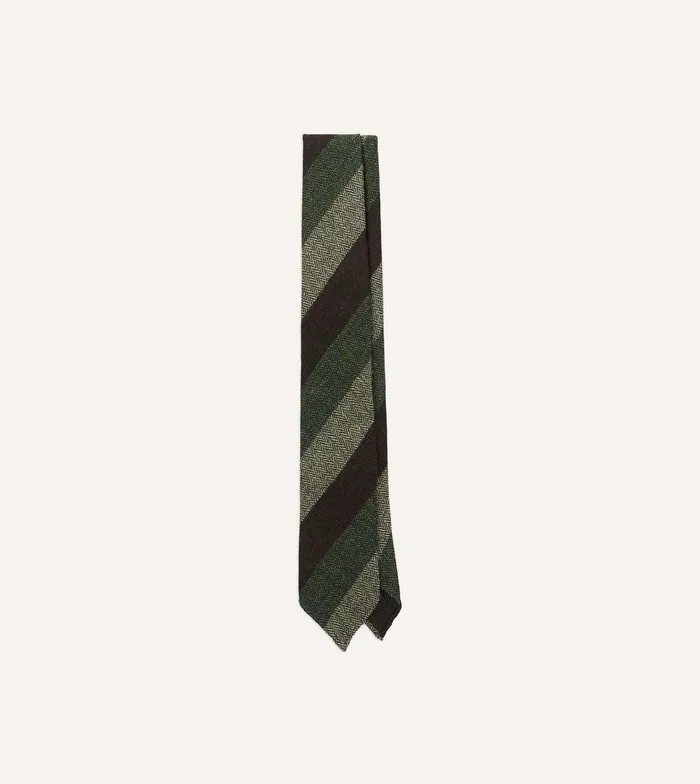 Drake039s Brown And Green Thick Stripe Herringbone Hand Rolled Shetland Wool Tie 8211 Ties