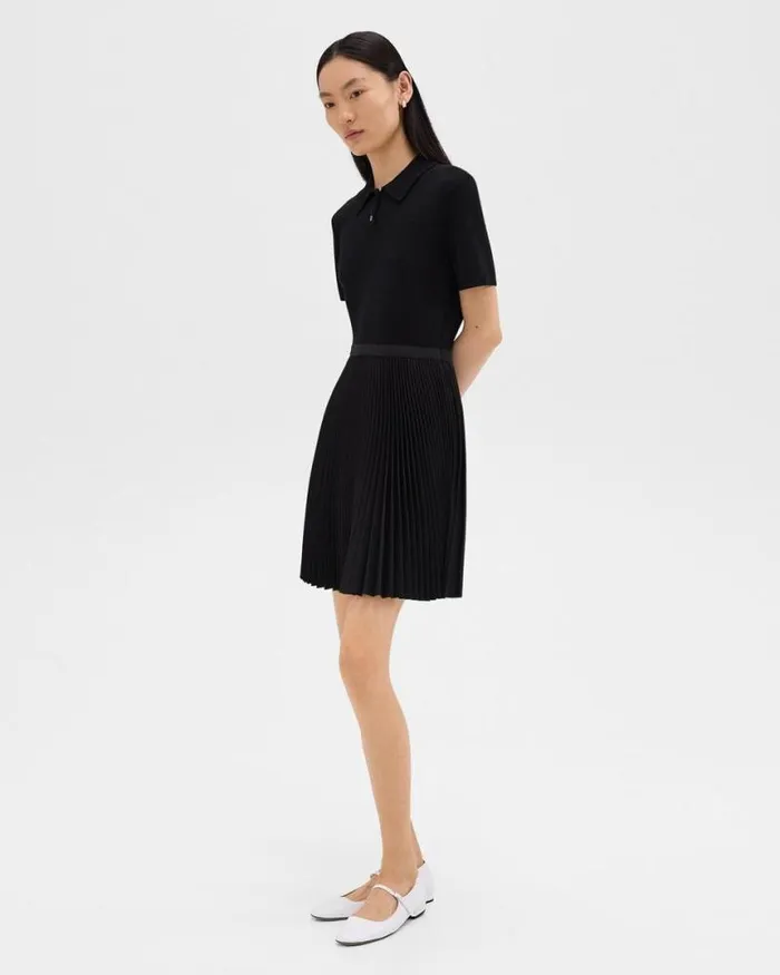 Dresses Women Theory Pleated Combo Polo Dress In Stretch WoolBlend Black Dresses Women Theory Pleated Combo Polo Dress In Stretch WoolBlend Black