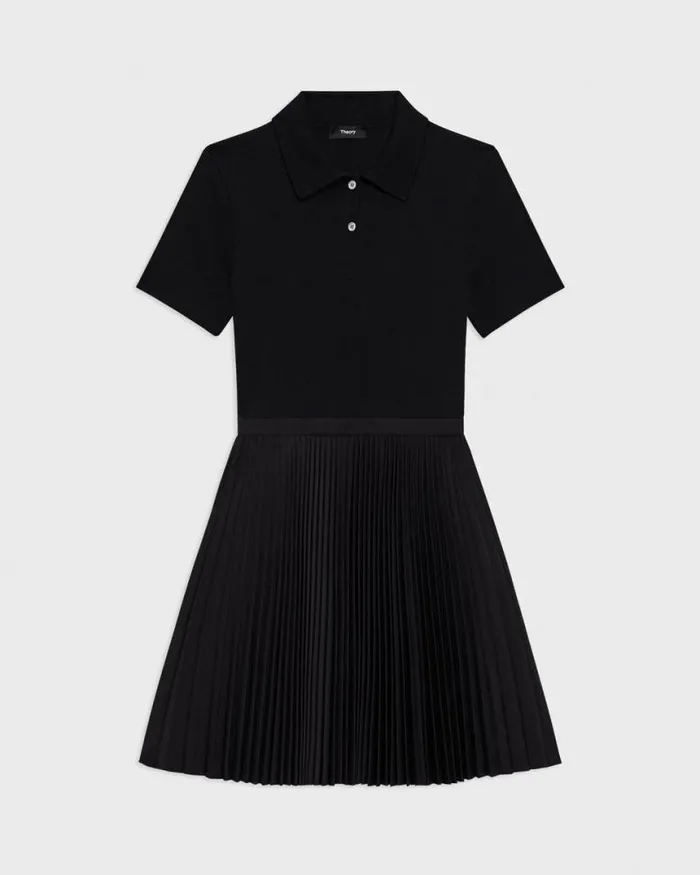 Dresses Women Theory Pleated Combo Polo Dress In Stretch WoolBlend Black Dresses Women Theory Pleated Combo Polo Dress In Stretch WoolBlend Black