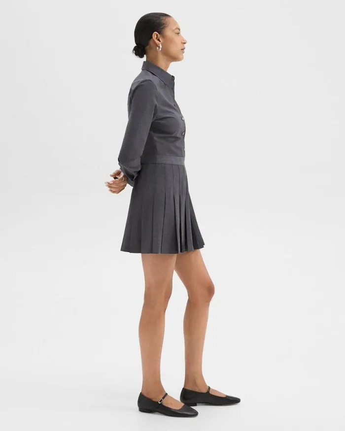 Dresses Women Theory Pleated Mini Shirt Dress In Stretch WoolBlend Charcoal Melange Dresses Women Theory Pleated Mini Shirt Dress In Stretch WoolBlend Charcoal Melange