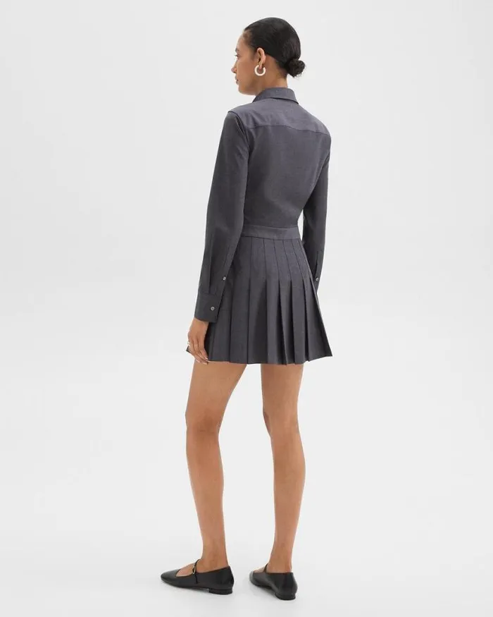 Dresses Women Theory Pleated Mini Shirt Dress In Stretch WoolBlend Charcoal Melange Dresses Women Theory Pleated Mini Shirt Dress In Stretch WoolBlend Charcoal Melange