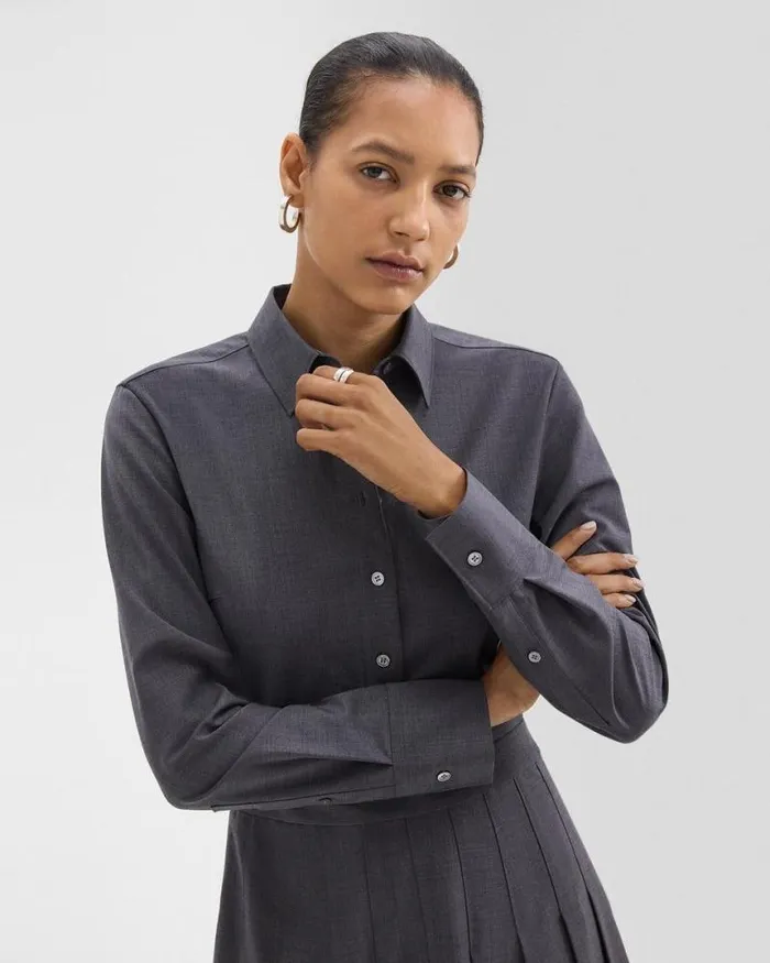 Dresses Women Theory Pleated Mini Shirt Dress In Stretch WoolBlend Charcoal Melange Dresses Women Theory Pleated Mini Shirt Dress In Stretch WoolBlend Charcoal Melange